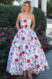 High Low Prom Dresses Strapless A-Line Floral Print Long Ball