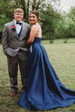 Straps A-Line Beaded Navy Blue Prom Dress P46NTHEF