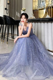 Unique Sparkle Straps Floor Length Tulle Prom Dress A Line Sleeveless PB19RQK3