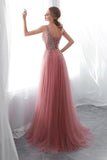 Beading V Neck High Split Tulle Sweep Train Sleeveless Evening Gown P1GPP6HS