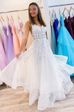 Puffy White V Neck Tulle Sequins Long Prom Dress A Line Backless Evening Dresses STI15313