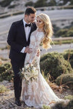 Long Sleeve Round Neck Lace Applique Wedding Dresses Vintage Mermaid PEEYBL3P