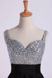 2024 Prom Dresses Straps A Line Short/Mini Beaded Bodice With Pleated PA24HMEA