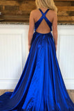 2024 V Neck A Line Prom Dresses Sweep Train Slit Ruffles PY7L3FS3