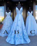 Charming Blue Spaghetti Straps V Neck Flowers Long Prom Dresses Satin Unique Formal Dresses STI15098