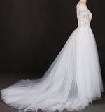 A-line Short Sleeves Beads V Neck Lace Applique Wedding Dresses, Bridal Dress STI15051