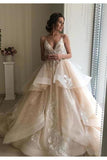 Spaghetti Straps V Neck Wedding Dresses With Layer Sleeveless PCX8DRY5