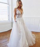 A Line Deep V-Neck Backless White Tulle Prom Dress With Appliques, Evening Dresses STI14997