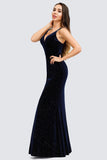 V-Neck Spaghetti Straps Velvet Dark Navy Blue Mermaid Evening Dress, Prom Dresses STI15480