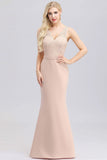 Elegant V-Neck Floral Lace Pink Evening Dress Satin Prom Dresses STI15216