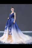 Ombre Contrast Colored A Line Prom Dress Pleated V Neck Long PZBH9Q2A