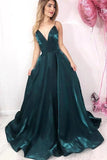 Long Green Spaghetti Straps V Neck Satin Prom Dresses, Evening Party STI15650