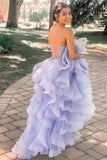 Evening Party Dresses A Line Lavender Long Prom Dresses with Cascading Ruffles