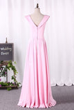 2024 A Line New Arrival Off The Shoulder Satin Evening Dresses With Slit PSLQLCAD