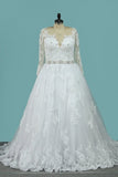 2024 Plus Size Wedding Dresses Long Sleeves Bateau A Line Tulle PDESNQJH