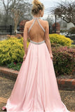 Elegant Charming Long Open Back Beading A-Line Pink Prom Dresses PPE8NXT3