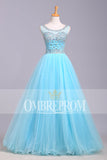 Chic Round Neck Blue Tulle Sleeveless With Beading Prom Dresses