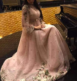 Sparkly Long Sleeves Beading Prom Dresses with Hand Made Flowers, Long Dance Dresses STI15536