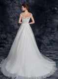 Off the Shoulder Tulle Wedding Dress with Lace Applique, A Line Long Bridal Dresses STI15273