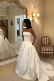 Charming A Line Satin Strapless Wedding Dresses with Pockets, Long Bridal Dresses STI15091