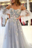 Light Gray Vintage A-Line Tulle Lace Appliques Evening Prom Dresses