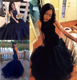 Mermaid Navy Scoop Sleeveless Prom Dress with Beading