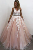 Lace Tulle A-Line V-Neck Appliques Formal Evening Dresses School Party Gown Long Prom Dresses