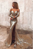 Mermaid Long Split Prom Dress Gold Sequined Evening Dress PQ4N967X