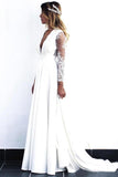 Charming White V Neck Long Sleeves Satin Wedding Dresses, Long Cheap Bridal Dresses STI15507