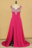 2024 Prom Dresses Straps With Beads And Slit Sweep Train PLN4PMKX