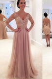 Charming V Neck Long Sleeves with Sequins Floor Length Tulle Prom Dresses