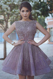 2024 Bateau A Line Homecoming Dresses Lace With Applique PNAM2G8A