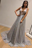 Chic A-Line Silver Backless V Neck Fashion Custom Unique Long Prom Dresses STI15130