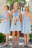 One Shoulder Light Sky Blue Short A-Line Knee Length Bridesmaid Dresses P6DLCAZB