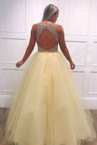 Light Yellow Tulle Beading V Neck Long Prom Dresses with Open Back, Evening Dresses STI15239