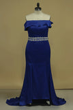 2024 Stretch Satin Prom Dresses Boat Neck Mermaid With Beading P3M3AZAX