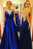 Simple A Line Spaghetti Straps V Neck Prom Dresses with Pockets, Backless Long Dance Dress STI15384