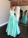 Simple Green Sleeveless Open Back Satin Long Evening Dresses