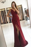 Elegant A Line Satin V-neck Ruffles Burgundy Side Split Sleeveless Prom Dresses