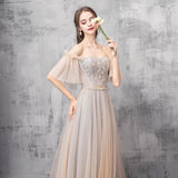 Elegant Off Shoulder Floor Length Tulle Prom Dress, Lace up Bridesmaid Dresses STI15185