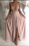 New Style Sexy Backless Long V-Neck Halter Sleeveless Simple Cheap Pink Prom Dresses