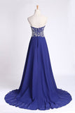 2024 Prom Dress Sweetheart Beaded Bodice A Line Chiffon Dark Royal P6JHK3Z1