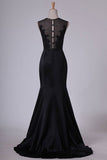 2024 New Arrival Evening Dresses Scoop Mermaid Satin With Applique Sweep PNRF1L3X