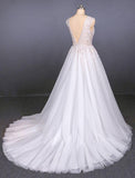 A Line Straps V Neck Lace Appliques Tulle Wedding Dresses Long Wedding Gowns STI15034