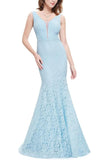 Sexy Fitted Lace Mermaid Blue V Neck Long Prom Dresses Evening Dresses STI15334