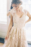 Elegant V-Neck Sleeveless Cap Sleeves Floor-Length Wedding Dress With STIPRQZPNT7