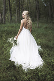 Simple Spaghetti Straps Tulle Backless V Neck Wedding Dresses