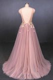 Elegant Pink V Neck Sleeveless Tulle Prom Dress with Appliques, A Line Tulle Evening Dresses STI15191