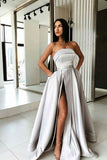 Elegant Strapless Long Silver Satin Simple Prom Dresses PERD37MG