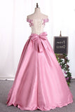 2024 New Arrival Prom Dresses Off The Shoulder Satin With Appliques And PDF75PRY